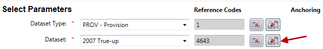Screen capture showing the icon to select an existing external parameter list.